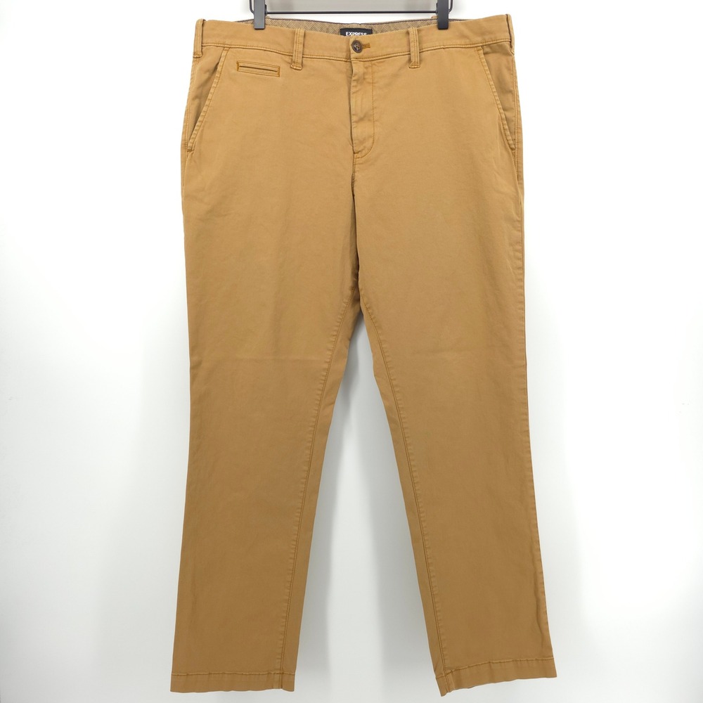 Express Mens Chino Pants Slim Garment Dyed 38x32 Brown Stretch Trousers